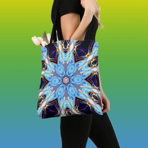 Psychedelic Kaleidoscope Flower Blue and Orange Tote Bag