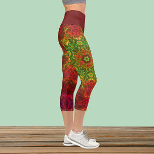 Psychedelic Kaleidoscope Flower Green and Red Legg Capri Leggings