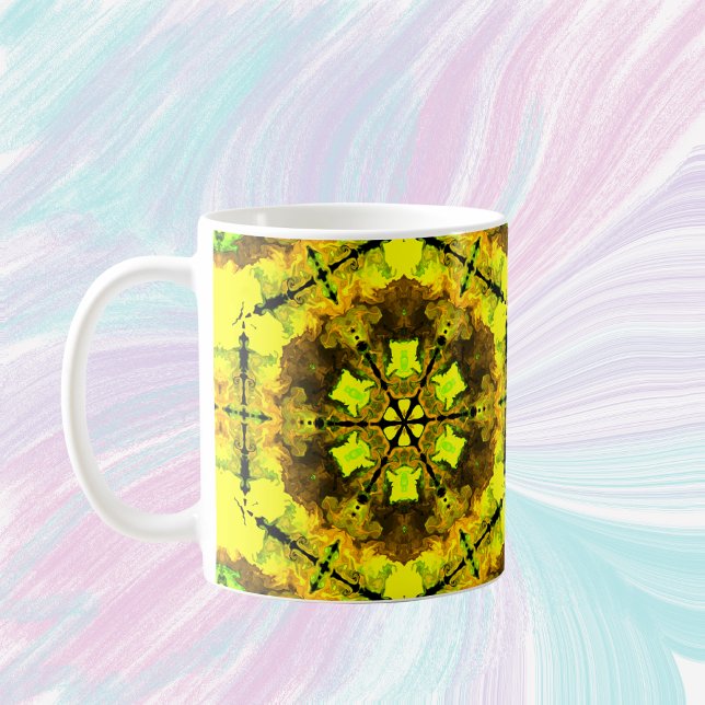 Psychedelic Kaleidoscope Flower Yellow and Green Coffee Mug (Creator Uploaded)