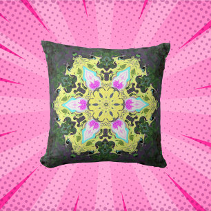 Psychedelic Kaleidoscope Flower Yellow and Pink Cushion