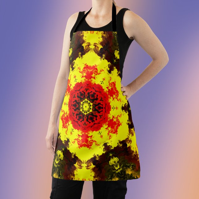 Psychedelic Kaleidoscope Flower Yellow and Red Apron (Creator Uploaded)