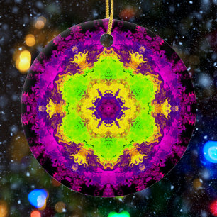 Psychedelic Kaleidoscope Green Yellow and Purple Ceramic Tree Decoration