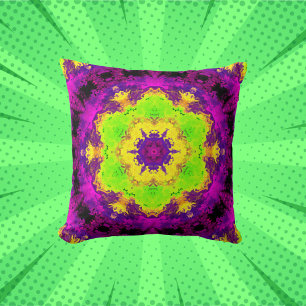 Psychedelic Kaleidoscope Green Yellow and Purple Cushion