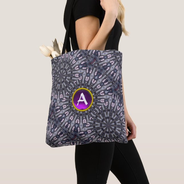 PSYCHEDELIC KALEIDOSCOPE PURPLE GEM MONOGRAM TOTE BAG (Close Up)