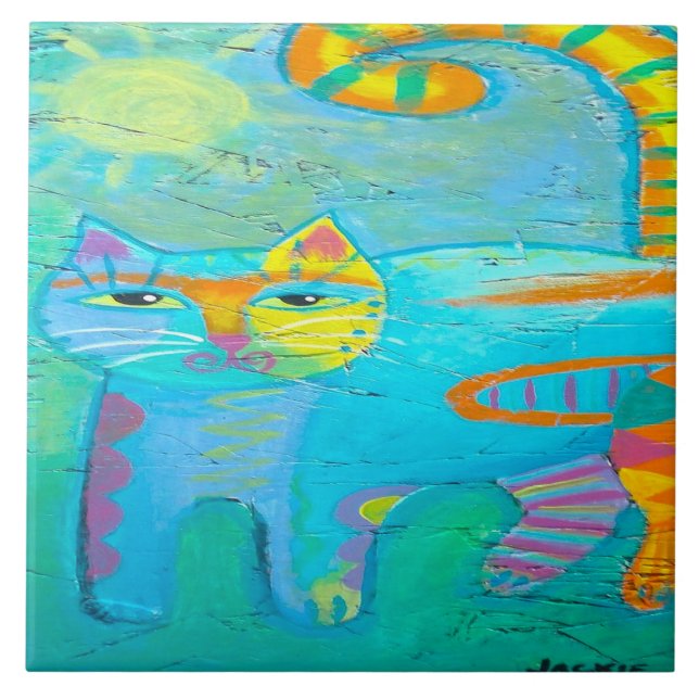 Psychedelic Kitty Abstract Cat Painting Tile (Front)