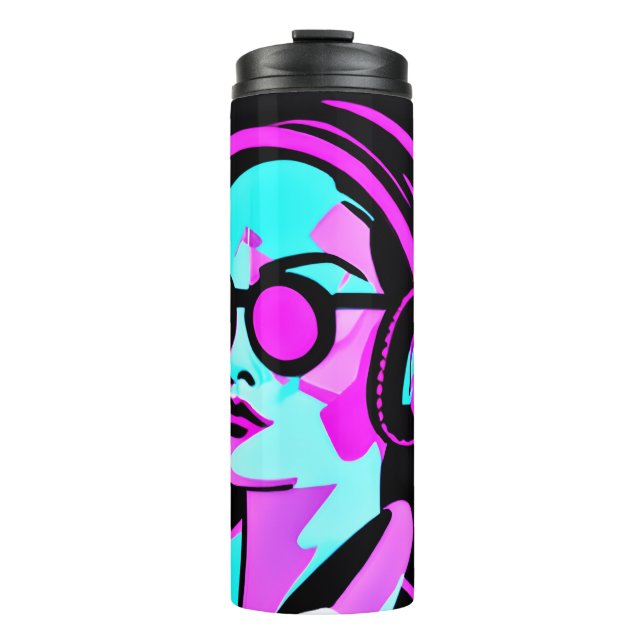 Psychedelic Lady in Headphones Jamming to Music Thermal Tumbler (Front)
