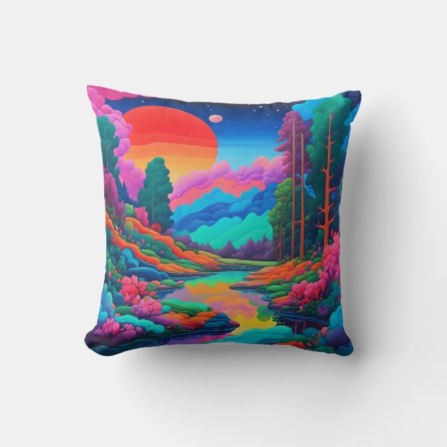 Psychedelic landscape pink green art  cushion (Front)