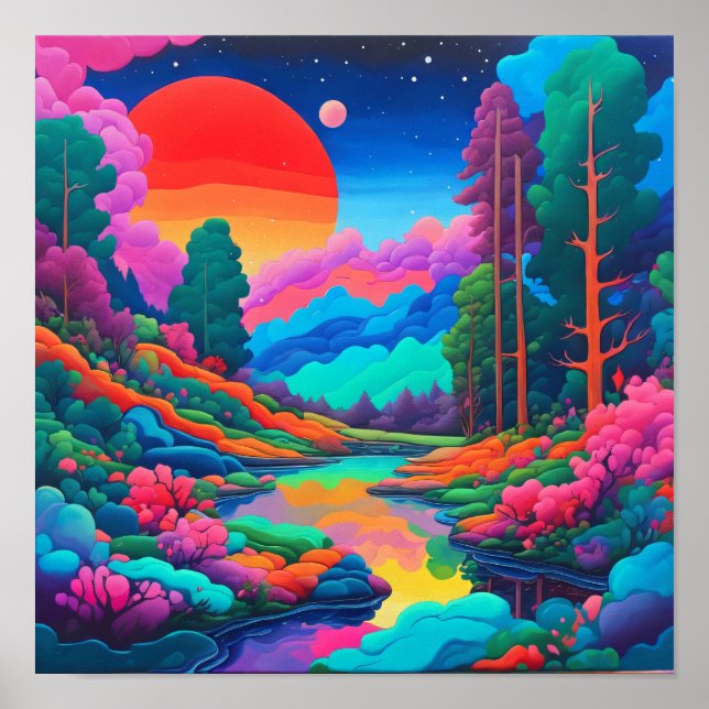 Psychedelic landscape pink green art  poster (Front)