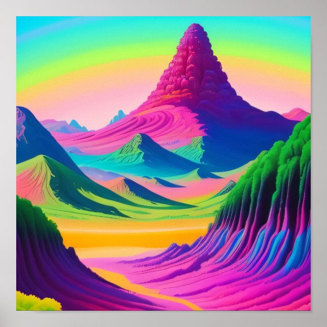 Psychedelic Landscape Pink Green Mountain Art  Poster (Front)