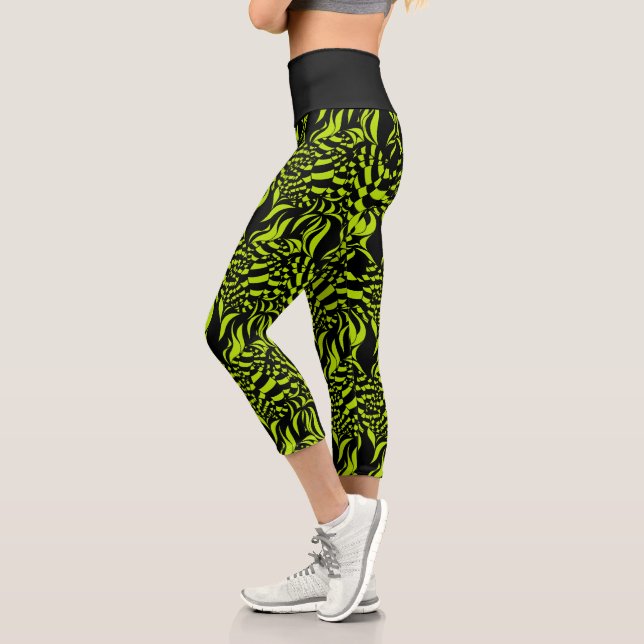 Psychedelic Lime Green and Black pattern Capri Leggings (Left)
