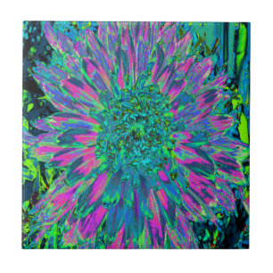 Psychedelic Magenta, Aqua and Lime Green Dahlia Tile