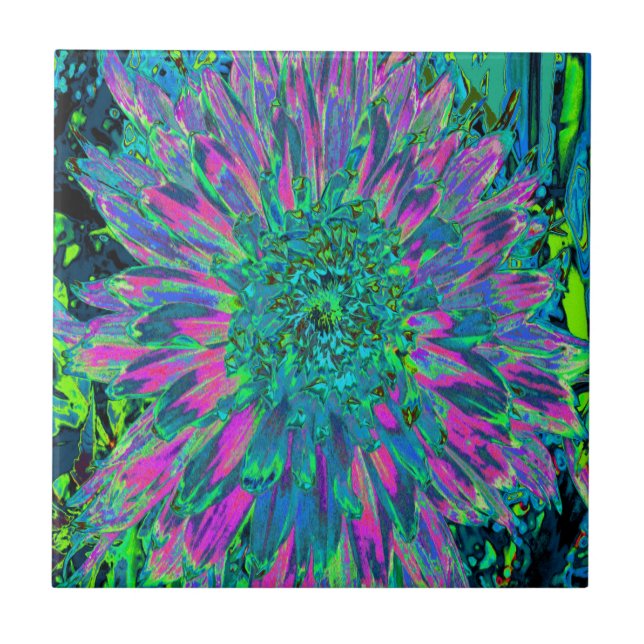 Psychedelic Magenta, Aqua and Lime Green Dahlia Tile (Front)