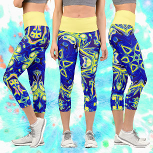 Psychedelic Mandala Flower Blue and Yellow Capri Leggings