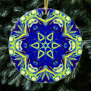 Psychedelic Mandala Flower Blue and Yellow Ceramic Tree Decoration