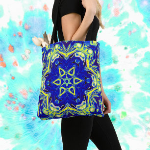 Psychedelic Mandala Flower Blue and Yellow Tote Bag