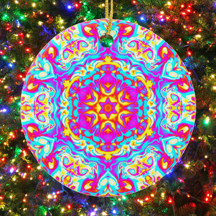 Psychedelic Mandala Flower Blue Pink and Yellow Ceramic Tree Decoration