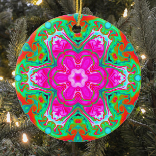 Psychedelic Mandala Flower Blue Pink Green and Red Ceramic Tree Decoration