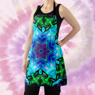 Psychedelic Mandala Flower Blue Purple and Green Apron