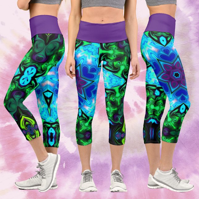 Psychedelic Mandala Flower Blue Purple and Green Capri Leggings (Creator Uploaded)