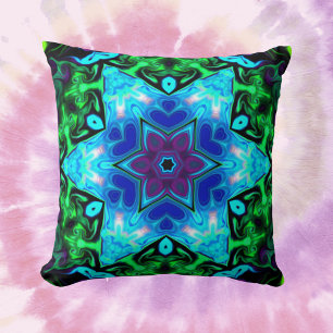 Psychedelic Mandala Flower Blue Purple and Green Cushion