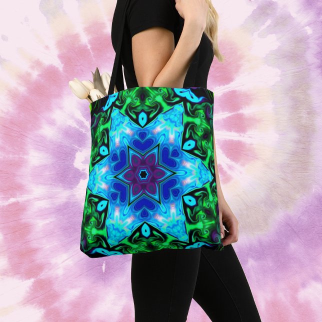 Psychedelic Mandala Flower Blue Purple and Green Tote Bag (Creator Uploaded)