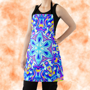 Psychedelic Mandala Flower Blue Purple and Yellow Apron