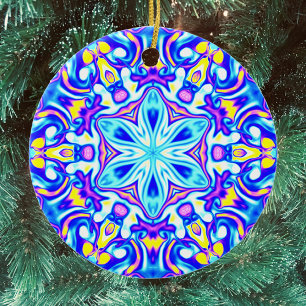 Psychedelic Mandala Flower Blue Purple and Yellow Ceramic Tree Decoration