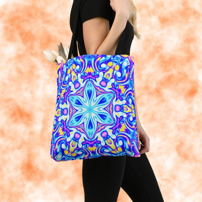 Psychedelic Mandala Flower Blue Purple and Yellow Tote Bag (Creator Uploaded)