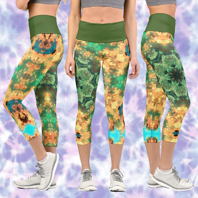 Psychedelic Mandala Flower Green and Yellow Capri Leggings (Creator Uploaded)
