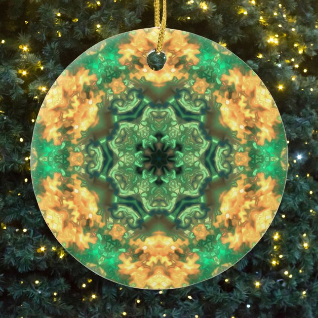 Psychedelic Mandala Flower Green and Yellow Ceramic Tree Decoration (Creator Uploaded)