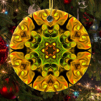 Psychedelic Mandala Flower Green and Yellow Ceramic Tree Decoration