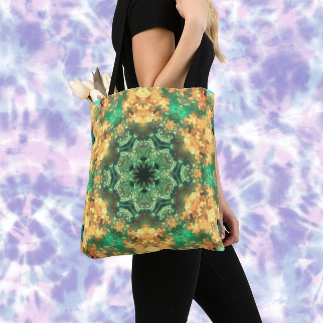 Psychedelic Mandala Flower Green and Yellow Tote Bag (Creator Uploaded)