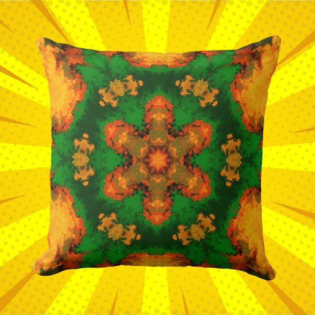 Psychedelic Mandala Flower Green Orange and Yellow Cushion (Creator Uploaded)