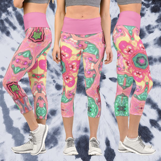 Psychedelic Mandala Flower Green Pink and Yellow Capri Leggings (Creator Uploaded)