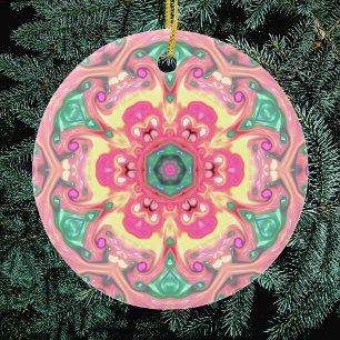 Psychedelic Mandala Flower Green Pink and Yellow Ceramic Tree Decoration