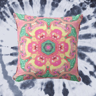 Psychedelic Mandala Flower Green Pink and Yellow Cushion