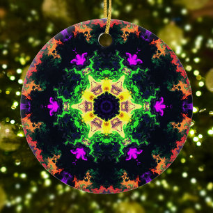 Psychedelic Mandala Flower Green Purple and Yellow Ceramic Tree Decoration