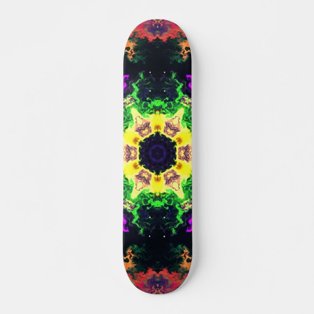 Psychedelic Mandala Flower Green Purple and Yellow Skateboard (Front)