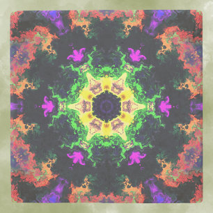 Psychedelic Mandala Flower Green Purple and Yellow Stone Coaster