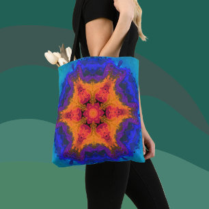 Psychedelic Mandala Flower Orange Red and Blue Tote Bag