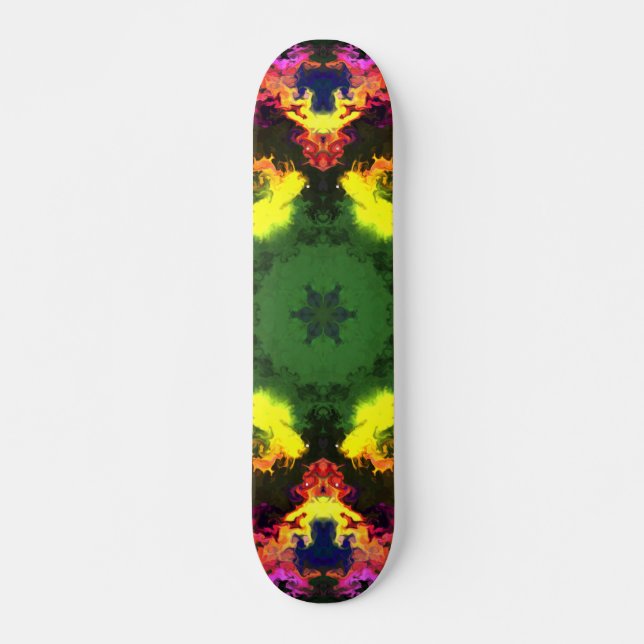 Psychedelic Mandala Flower Pink Yellow and Green Skateboard (Front)