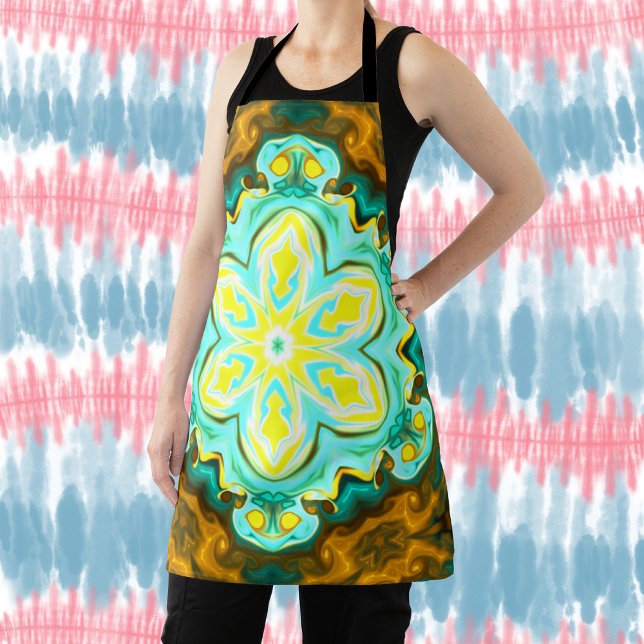 Psychedelic Mandala Flower Teal and Yellow Apron (Creator Uploaded)