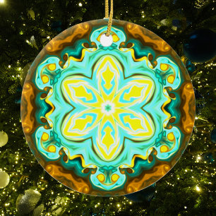 Psychedelic Mandala Flower Teal and Yellow Ceramic Tree Decoration