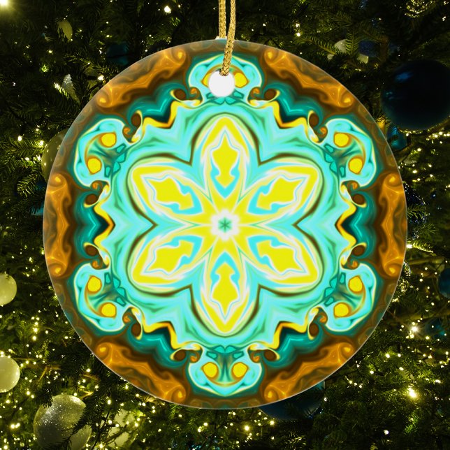 Psychedelic Mandala Flower Teal and Yellow Ceramic Tree Decoration (Creator Uploaded)