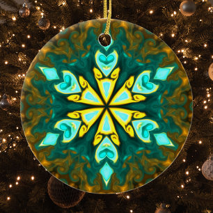 Psychedelic Mandala Flower Teal and Yellow Ceramic Tree Decoration