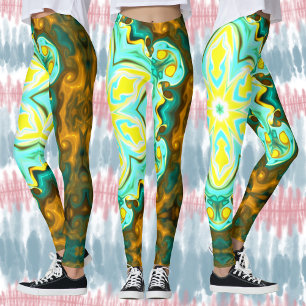 Psychedelic Mandala Flower Teal and Yellow Leggings