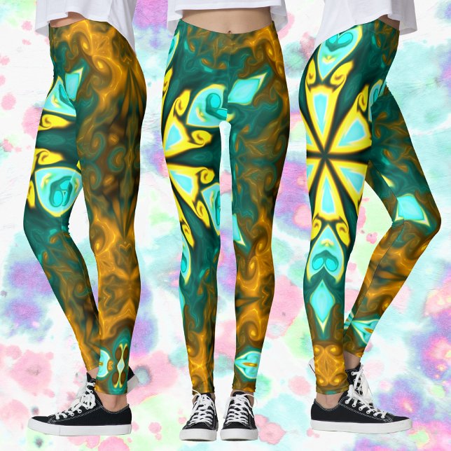 Psychedelic Mandala Flower Teal and Yellow Leggings (Creator Uploaded)