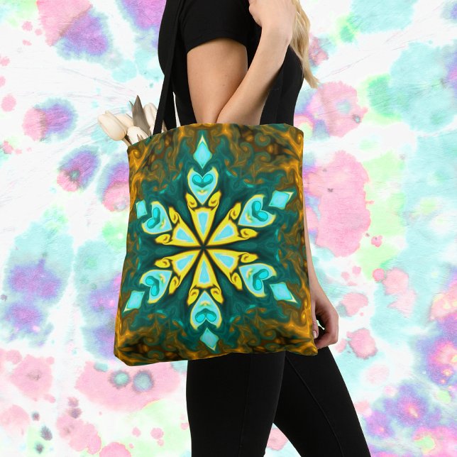 Psychedelic Mandala Flower Teal and Yellow Tote Bag (Creator Uploaded)