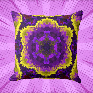 Psychedelic Mandala Flower Yellow and Purple Cushion