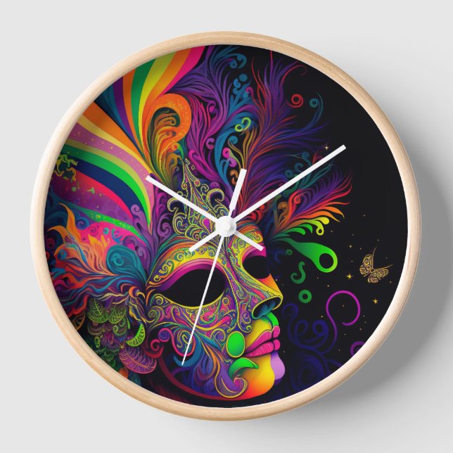 Psychedelic Mardi Gras Face Mask Clock (Front)